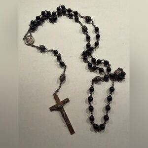 Vintage Black Onyx Sterling Silver Beaded Rosary with Crucifix - Mexico
